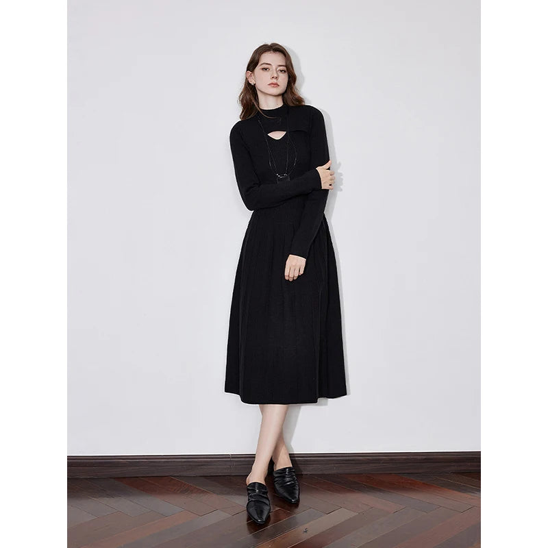 TOYOUTH Women Knitted Dress 2024 Autumn and Winter New Turtleneck Collar Hollow Out Knitted Medium Long Woolen Dress