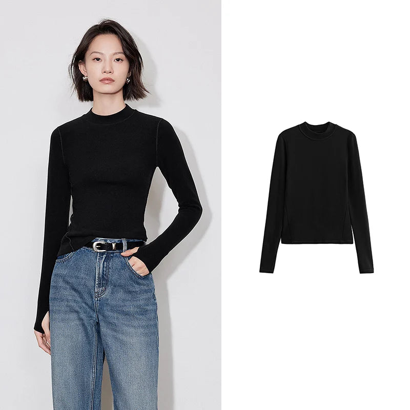 TOYOUTH Women Long Sleeve T-shirt 2024 Winter New Mousse Style Imitation Wool Warm Turtleneck Collar Bottoming Tops