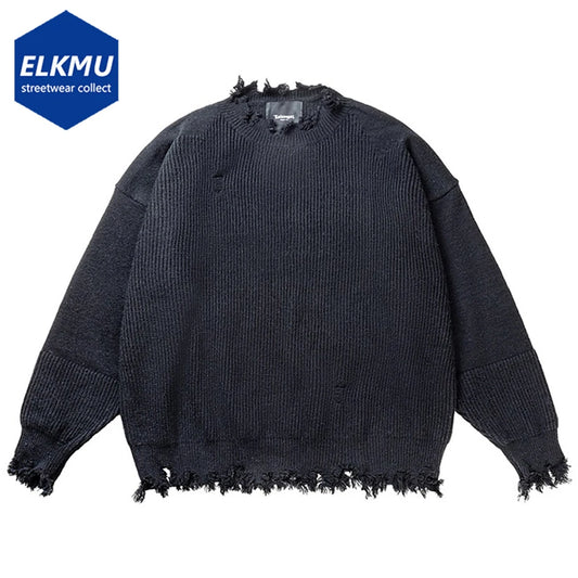 Harajuku Oversized Knit Sweater Ripped Tassel Sweater Unisex Vintage Knitted Jumper Streetwear Hip Hop Men Sweaters Black Gray