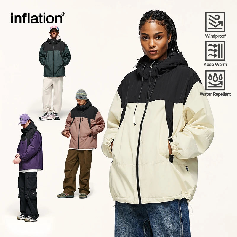 INFLATION Winter Arctic Velvet Inner Parkas Unisex High Neck Windproof Cotton Padded Hooded Jacket Mens Outdoor Coat