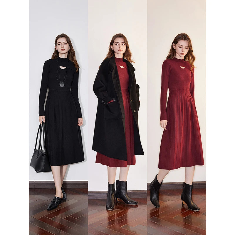 TOYOUTH Women Knitted Dress 2024 Autumn and Winter New Turtleneck Collar Hollow Out Knitted Medium Long Woolen Dress