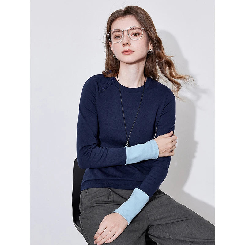 TOYOUTH Women Long Sleeve T-shirt 2025 Spring New Contrasting Color Patchwork Long Sleeve Skinny Basic Tops