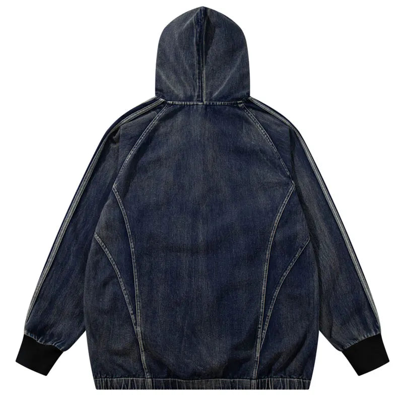 Vintage  Denim Hoodie Jacket Y2K Embroidered Half Zip Up Oversized Hooded Jean Sweatshirt Coat Streetwear Hip Hop Baggy Pullover