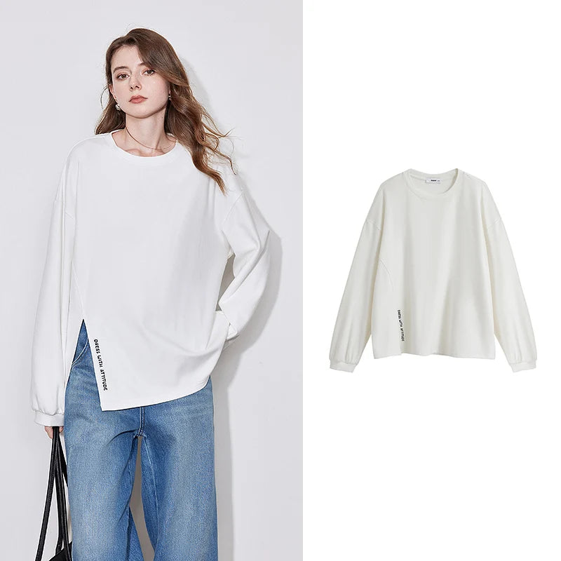 TOYOUTH Women Long Sleeve T-shirt 2024 Autumn and Winter New Comfortable Open Split Round Neck Warm White Tops