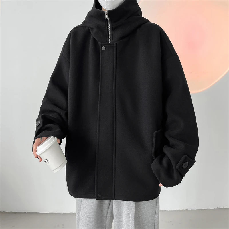 LAPPSTER Black Harajuku Korean Fashion Trench Coat Winter Harajuku Streetwear Woolen Coat Casual Vintage Hooded Jackets Coats