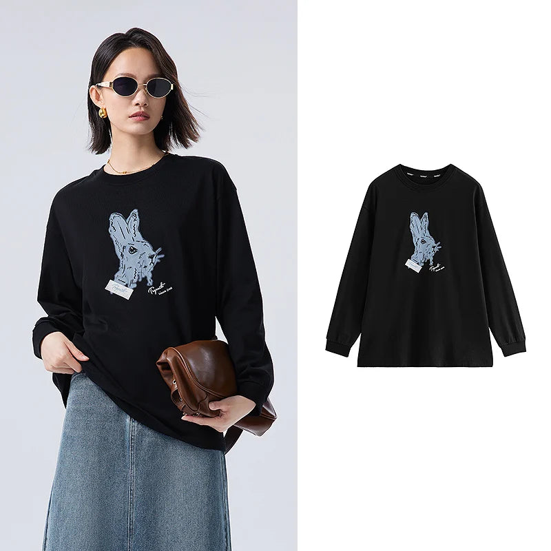 Toyouth Women Tees 2024 Autumn Long Sleeve O Neck Loose T-shirt Exquisite Rabbit Print Design Fashion Casual Apricot Black Tops