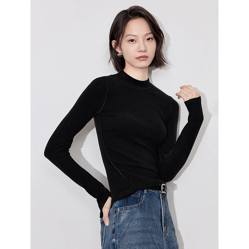 TOYOUTH Women Long Sleeve T-shirt 2024 Winter New Mousse Style Imitation Wool Warm Turtleneck Collar Bottoming Tops