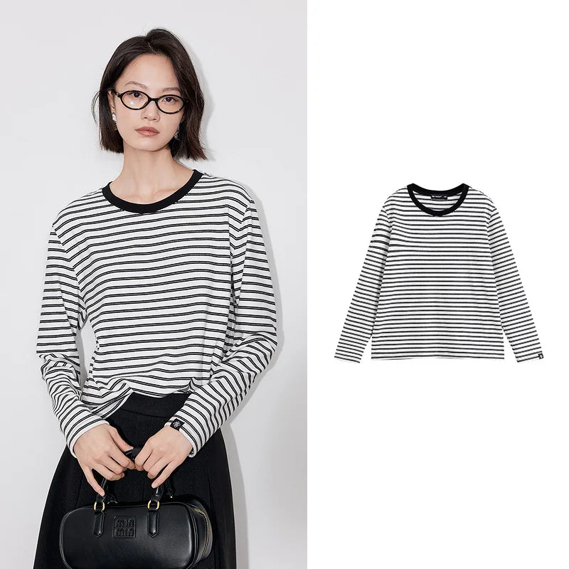 TOYOUTH Women Undercover 2024 Autumn Winter New Vintage Striped Round Neck Long Sleeve Warm T-shirt