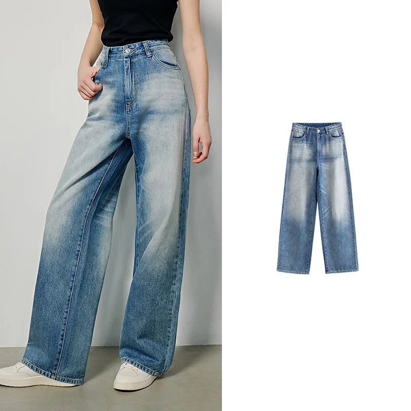 TOYOUTH Women Denim Jeans 2024 Washed Gradient Straight Wide Leg Pants Trousers Femme Denim Slim Jeans