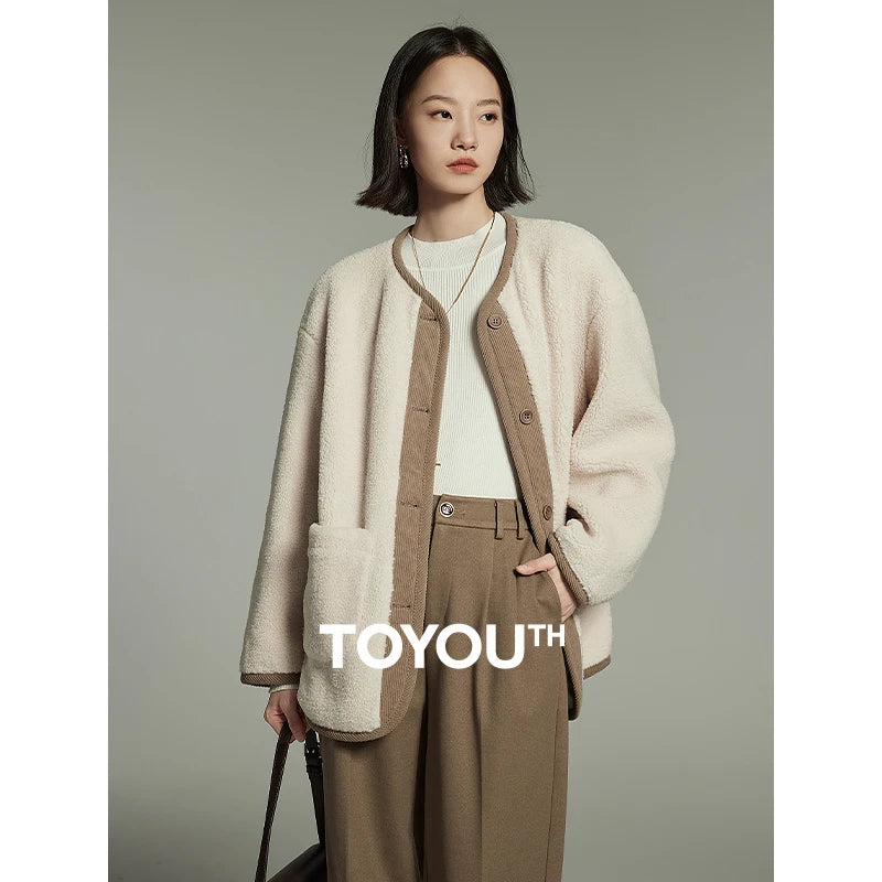 Toyouth Women Plush Thick Coat 2024 Winter Long Sleeves Round Neck Loose Jacket Contrast Stitching Fashion Versatile Outwear