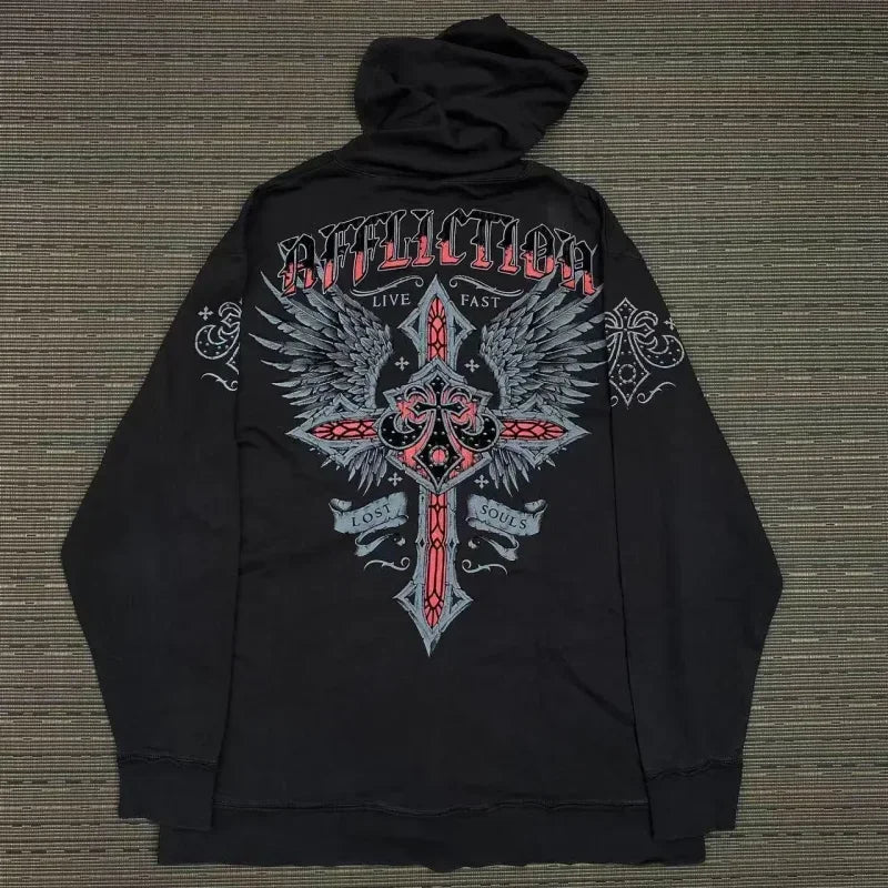 Y2K Fashion Zip up Hoodie New Gothic Oversize Pattern Print Embroidery Hoodie Coat For Men Loose Sweatshirt Couple Casual Hoodie