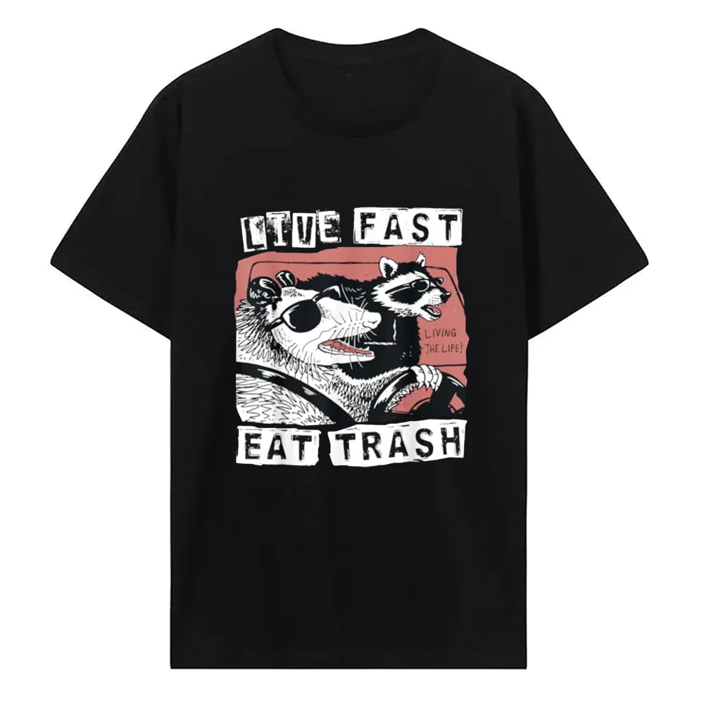 Fashion Funny Possum Raccoon Live Fast Eat Trash Street Cats Squad T-Shirt Amazing Quality Top Casual Hip Hop tees 62483