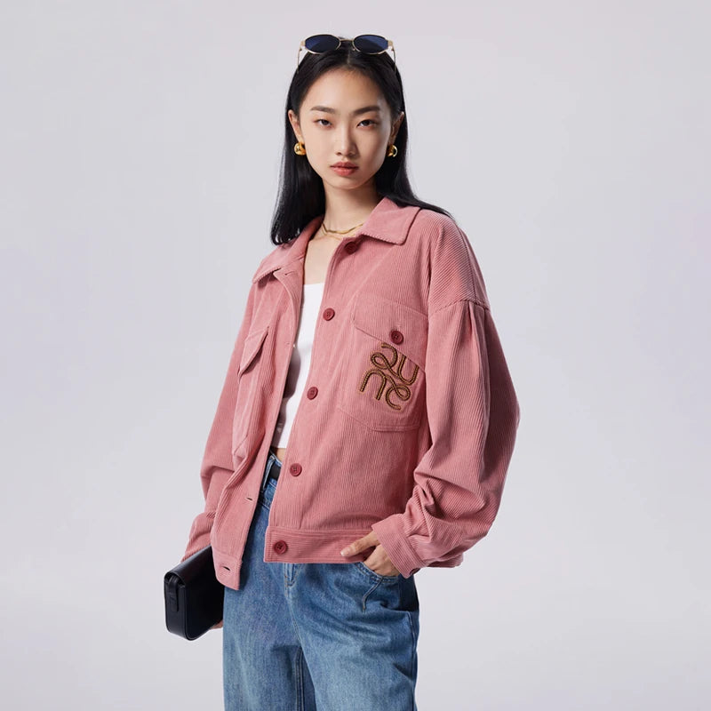 Toyouth Women Corduroy Jacket 2023 Autumn Long Sleeves Polo Neck Loose Coat Logo Embroidery Fashion Casual Versatile Outwear