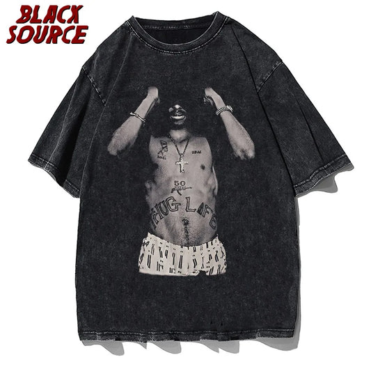 Men Fashion Hip Hop Men 2PAC Washed T Shirt Oversized Portrait Printed Tshirt Vintage Short Sleeve Streetwear Hiphop Top Tees