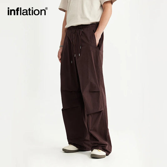 INFLATION Baggy Parachute Pants Streetwear Mens Elastic Waist Washed Cargo Pants Male 100% Cotton Trousers