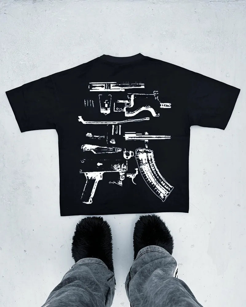 New American High Street Fashion Machine Gun Alphabet Print Oversized T-shirt for Men Y2k Harajuku Goth Style Casual Shirt