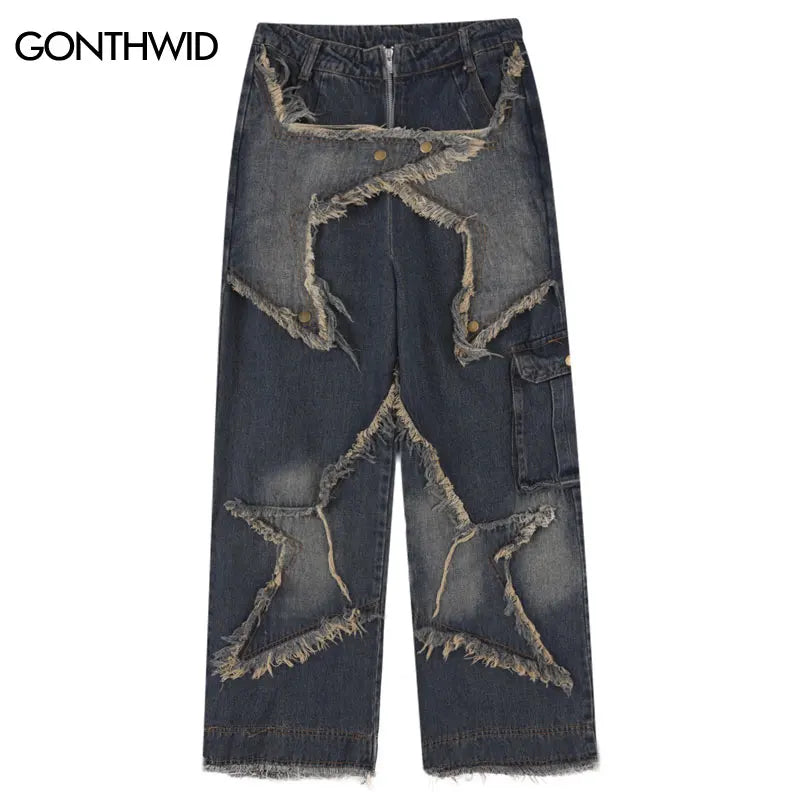 Vintage Cargo Jeans Y2K Hip Hop Retro Embroidery Star Patch Baggy Denim Pants Streetwear Men Harajuku Straight Loose Jeans Blue