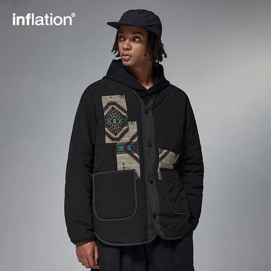 INFLATION Men's Color Block Ethnic Cotton Jacket Japanese Vintage Loose Fit Diamond Pattern Outerwear