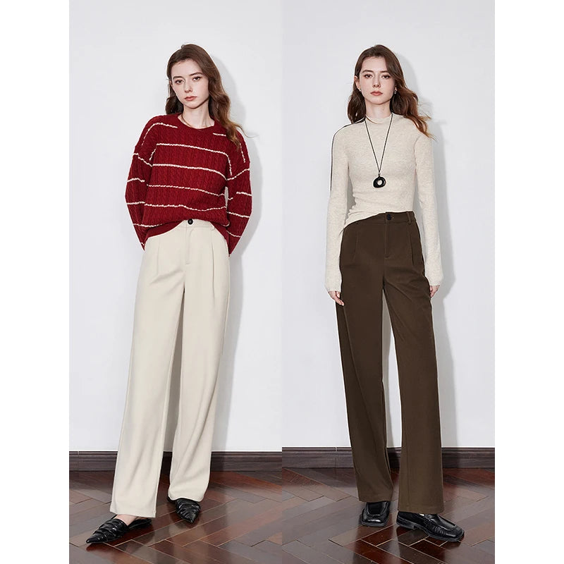 TOYOUTH Women Casual Pants 2024 Autumn and Winter New Mid Waist Workwear Style Straight Woolen Pants