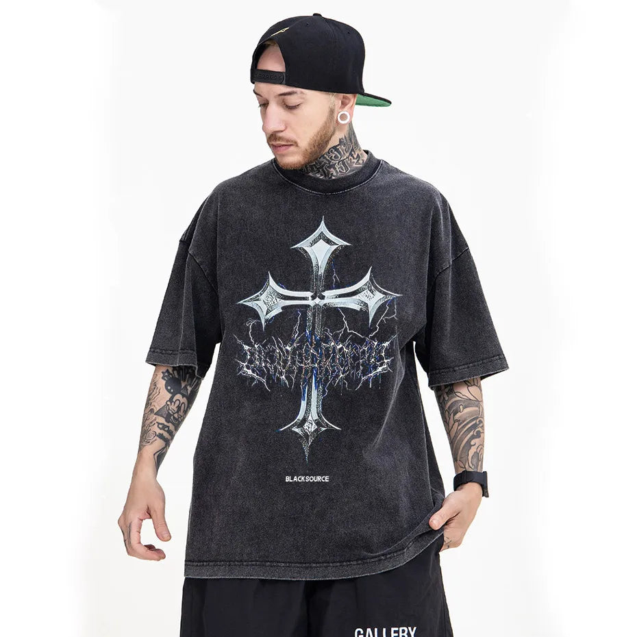 black source Oversize Fashion Mens Graphic T-Shirt Acid Wash T Shirt 2022 Summer Vintage Unisex High Street Cross Pattern