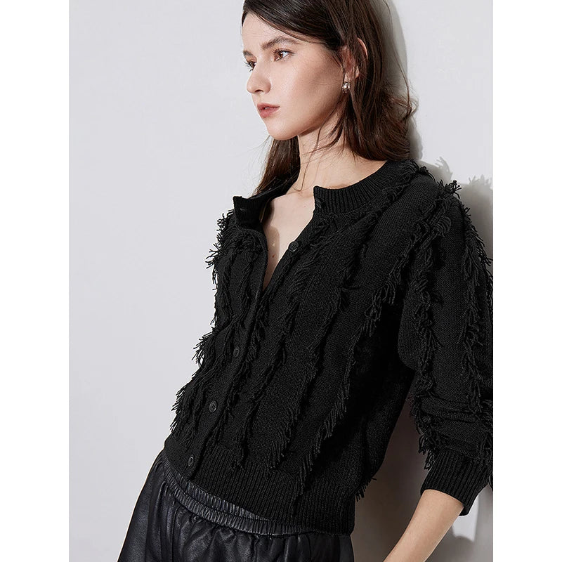 TOYOUTH Women Knitted Sweater 2024 Autumn New Pink Tassel Round Neck Long Sleeve Single Breasted Button Cardigan Tops