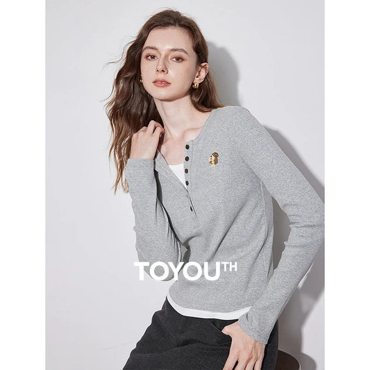 TOYOUTH Women Knitted T-Shirt 2024 Autumn Winter New Squirrel Embroidered Fake Two Piece Splicing Long Sleeve Pullover Tops