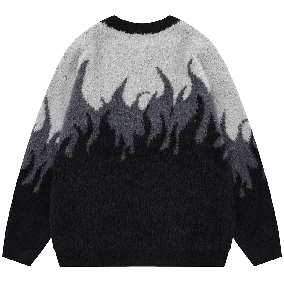 Men Streetwear Hip Hop Sweater Fire Graphic Loose Knit Jumper Oversized Harajuku Pullover Sweaters 2024