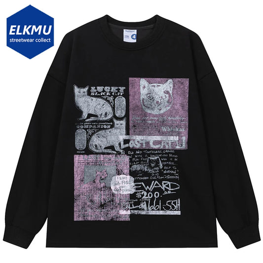 Hip Hop Harajuku Cat Graphic Long Sleeve T Shirts Men Streetwear Oversized Loose Casual Tee Tops Black Gray Casual T-shirt Y2K