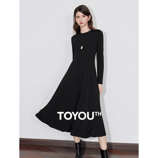 TOYOUTH Women Long Sleeve Dress 2024 Autumn New Long Sleeve Round Neck Slim Waist Black Casual Dress