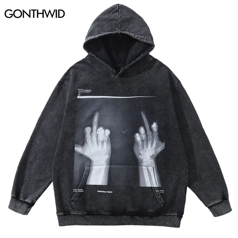 Hip Hop Hoodie Streetwear Vintage Skeleton Skull Print Oversize Punk Gothic Hooded Sweatshirt Harajuku Casual Loose Washed Tops