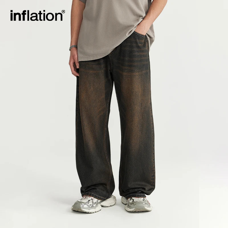 INFLATION Sand Washed Wide Leg Jeans 2024 Trendy Streetwear Loose Fit Straight Leg Denim Pants for Men