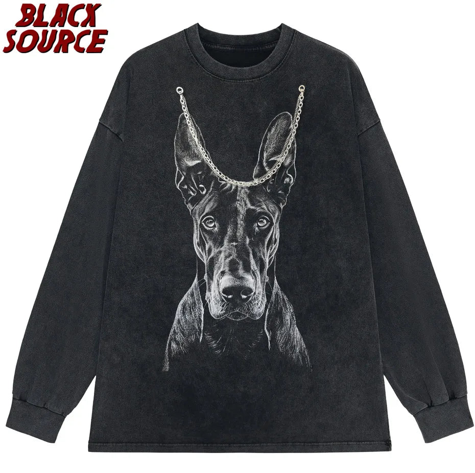 Men Streetwear Hip Hop Oversized T Shirt Funny Doberman Dog Graphic T-Shirt Vintage Washed Black Tshirt Harajuku Cotton P0843