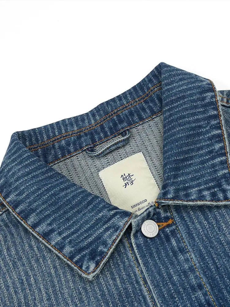 SIMWOOD 2024 Autumn New Oversize Short Length Vertical Striped Denim Jackets Men Chore Coats Cargo 100% Cotton Outwear