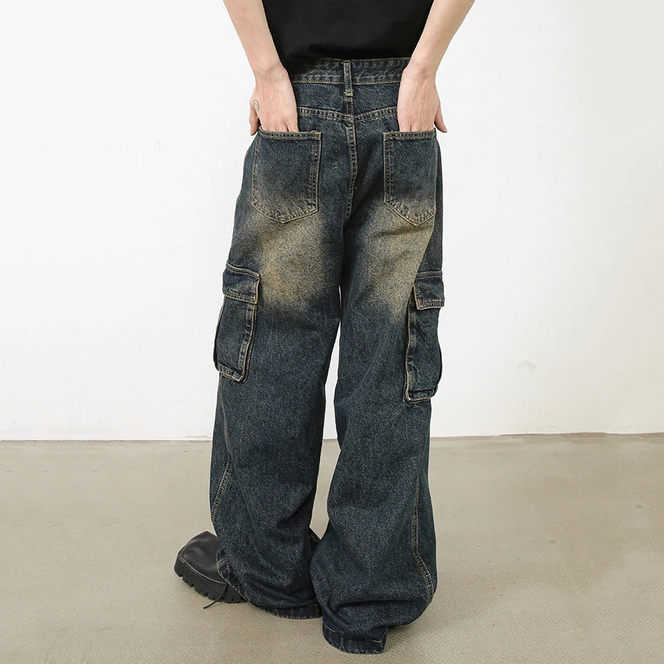 Men Vintage Baggy Jeans Blue Loose Straight Denim Pants Multi Pocket Retro Blue Jeans Trousers Male