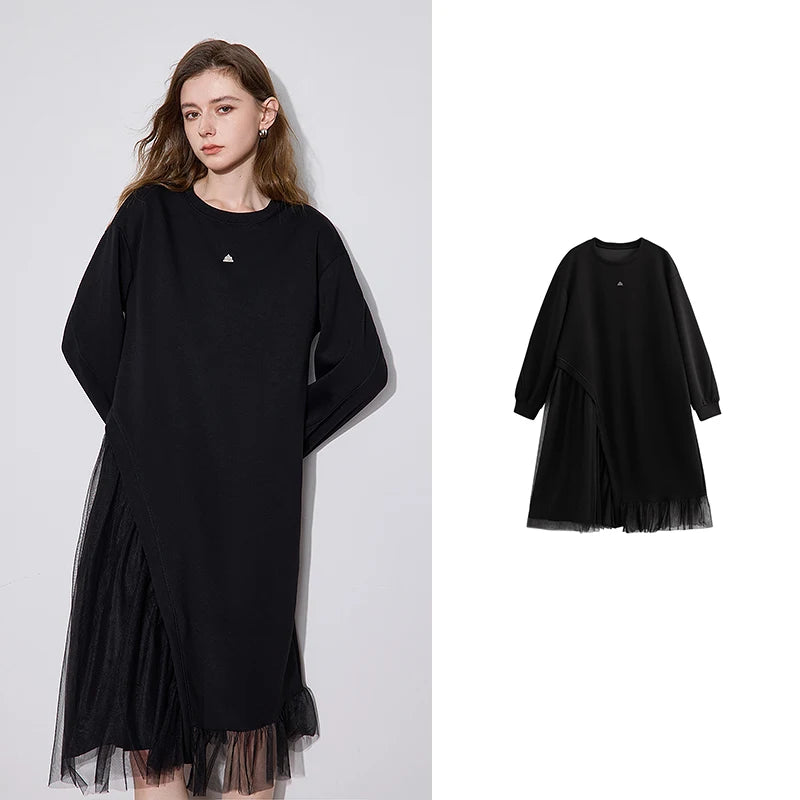 TOYOUTH Women Dress 2024 Autumn Winter New Mesh Splicing Round Neck Long Sleeve Casual Dress Black