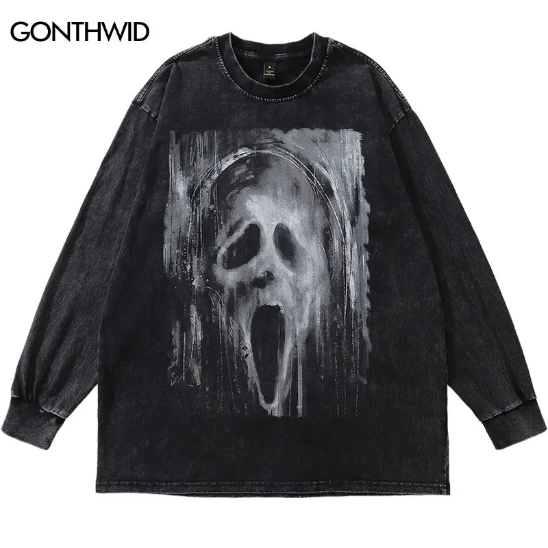 Hip Hop Long Sleeve Tshirt Streetwear Ghost Graphic Print Cotton Distressed Wash T-Shirt Men Harajuku Casual Punk Gothic Shirts