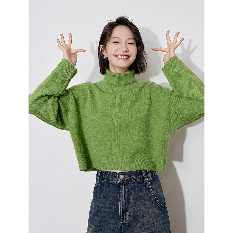 TOYOUTH Women Turtleneck Sweater 2024 Winter New Green Thicken Warm Short Mohair Pullover Tops