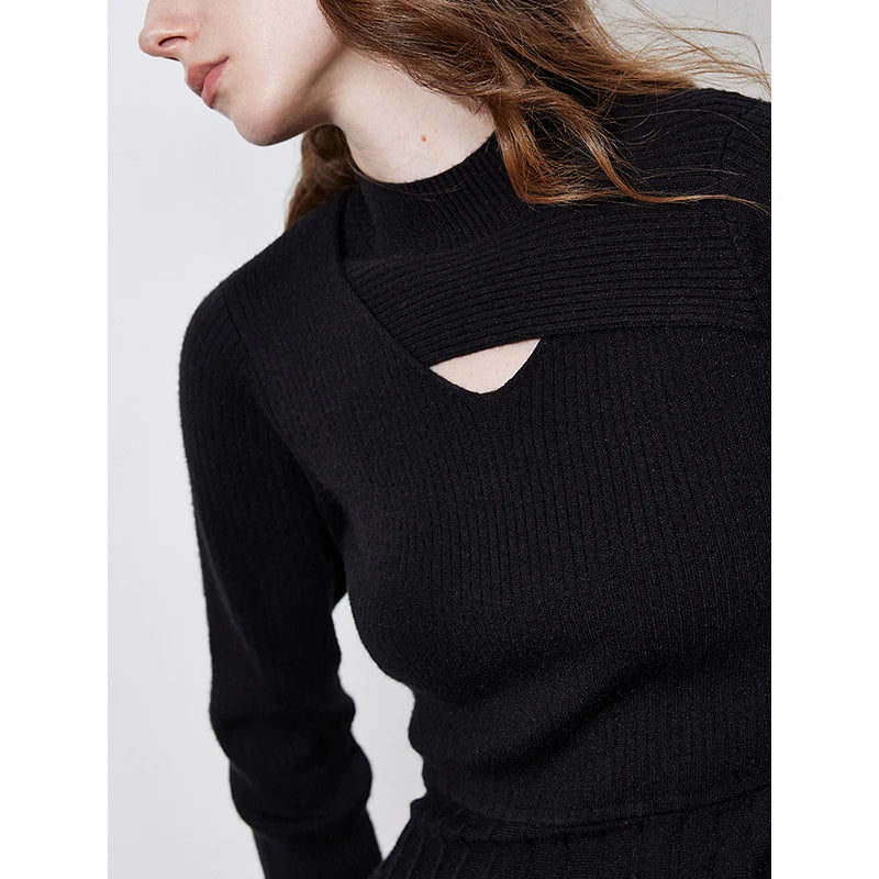 TOYOUTH Women Knitted Dress 2024 Autumn and Winter New Turtleneck Collar Hollow Out Knitted Medium Long Woolen Dress