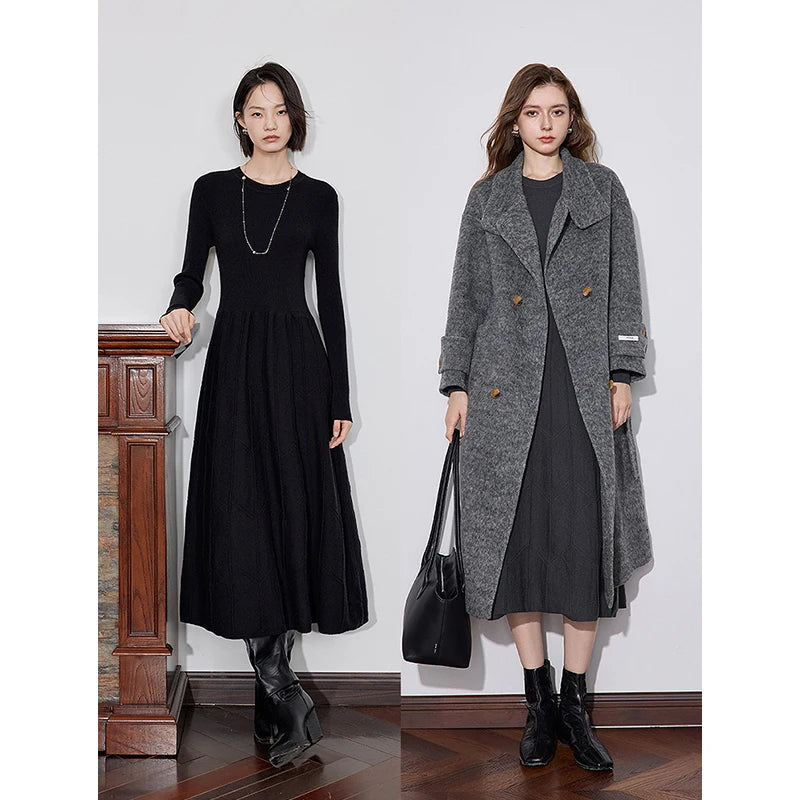 TOYOUTH Women Knitted Dress 2024 Autumn Winter New Long Sleeve Thicking Warm Slim Waist Woolen Dress Gray