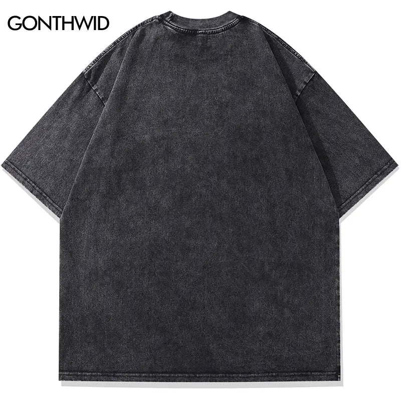 Men Vintage Tshirt Spider Letter Print Punk Gothic Washed T-Shirt Streetwear Hip Hop Harajuku Loose 2024 Summer Black Tee Tops