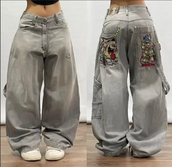 Skull geometric gothic pattern popular street high-waisted jeans men 2000s American vintage hip-hop fashion straight baggy pants