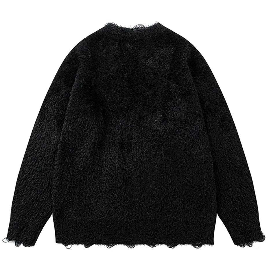 2024 Men Knitted Sweaters Broken Ripped Black Loose Pullover Sweater Harajuku Oversized Streetwear Hip Hop Sweater Jumper