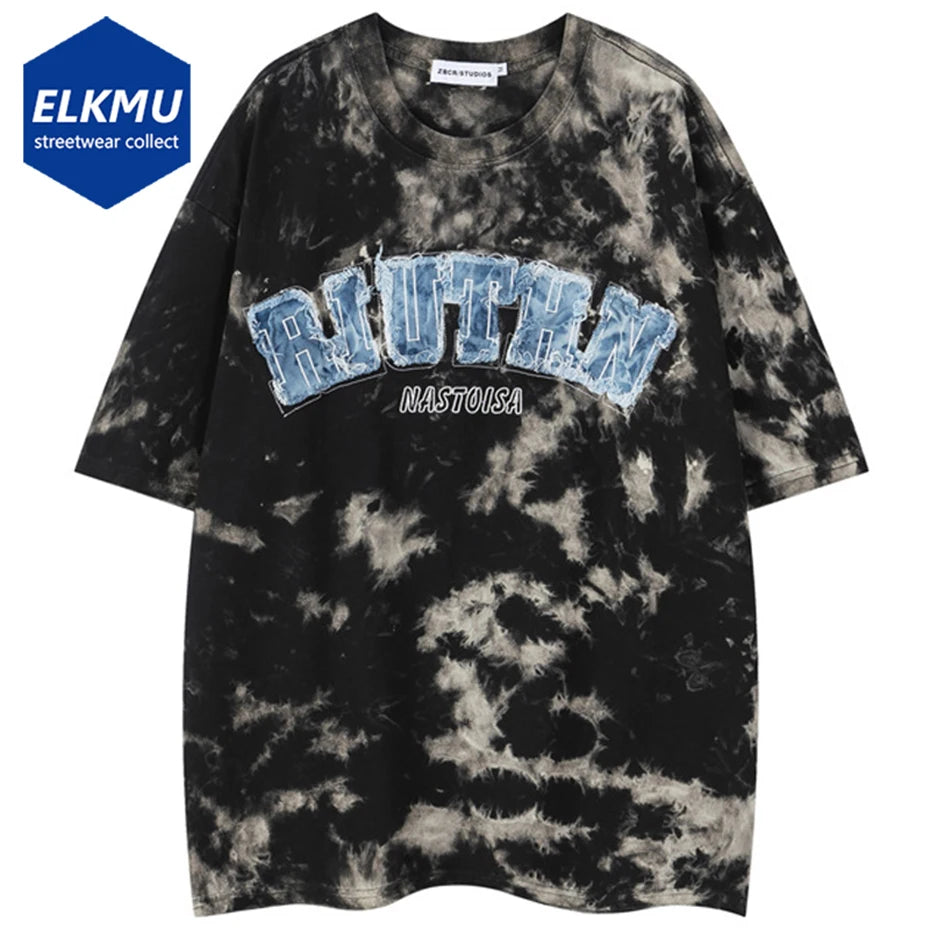 Letter Embroidery Tie Dye T Shirts 2025 Men's Streetwear Harajuku Hip Hop Oversized T-shirts Summer Loose Short Sleeve Tee Tops