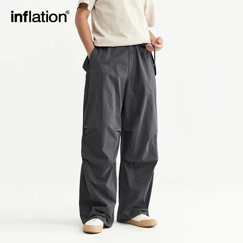 INFLATION Baggy Parachute Pants Streetwear Mens Elastic Waist Washed Cargo Pants Male 100% Cotton Trousers