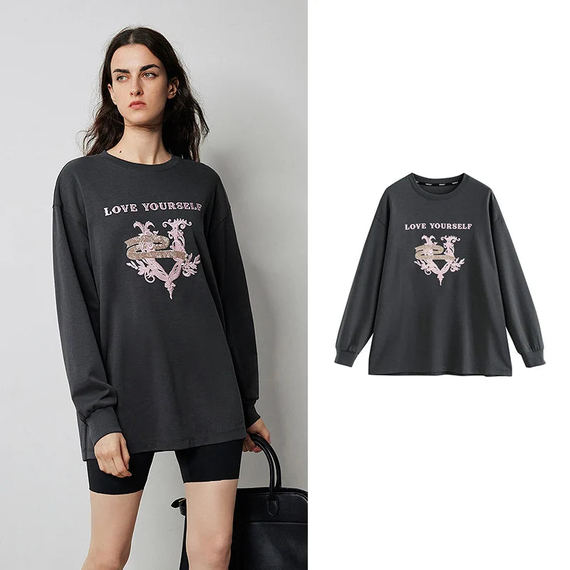 TOYOUTH Women T-shirt 2024 Autumn New Heavy Industry Dargon Pattern Embroidery Long Sleeve Pullover Tops Gray