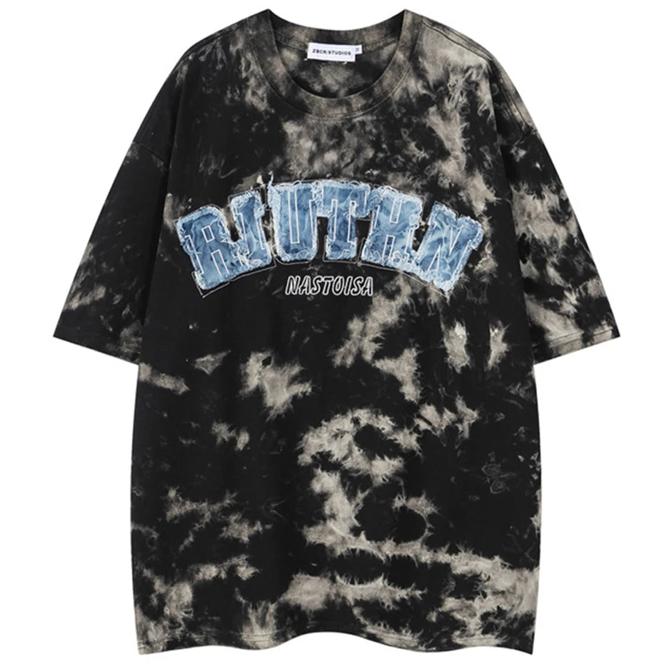 Letter Embroidery Tie Dye T Shirts 2025 Men's Streetwear Harajuku Hip Hop Oversized T-shirts Summer Loose Short Sleeve Tee Tops