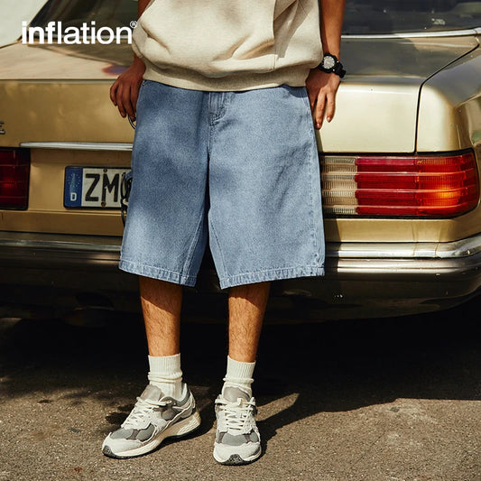 INFLATION Vintage Denim Shorts Man Loose Straight Washed Jeans Shorts Male Plus Szie