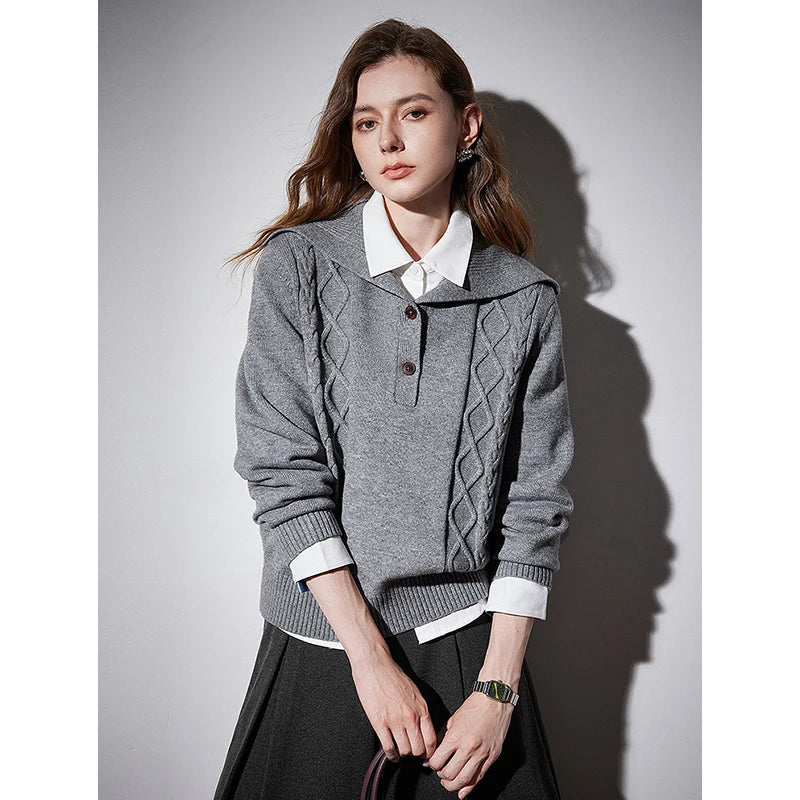 TOYOUTH Women Knitted Sweater 2024 Autumn Winter New Vintage Turn Down Collar Long Sleeve Sports Woolen Pullover Tops Grey