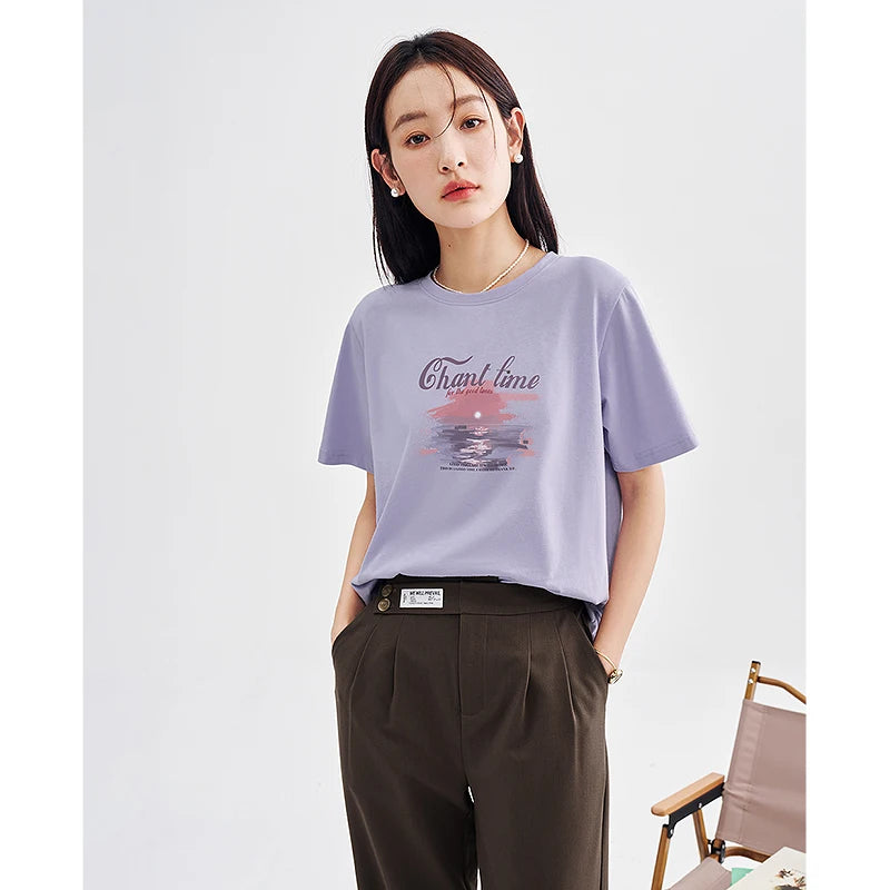 Toyouth Women T-shirt 2023 Spring Short Sleeve O Neck Loose Tees Cute Graphic Print Four Colors Pure Cotton Comfort Casual Tops