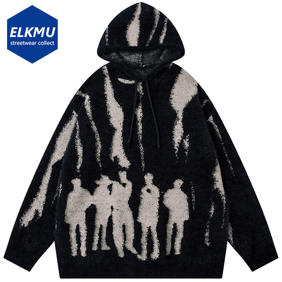 Vintage Hooded Sweater Shadow Graphic Oversized Sweater Knit Jumper Harajuku Hip Hop Sweater Hip Hop Knitted Pullover 2024 New